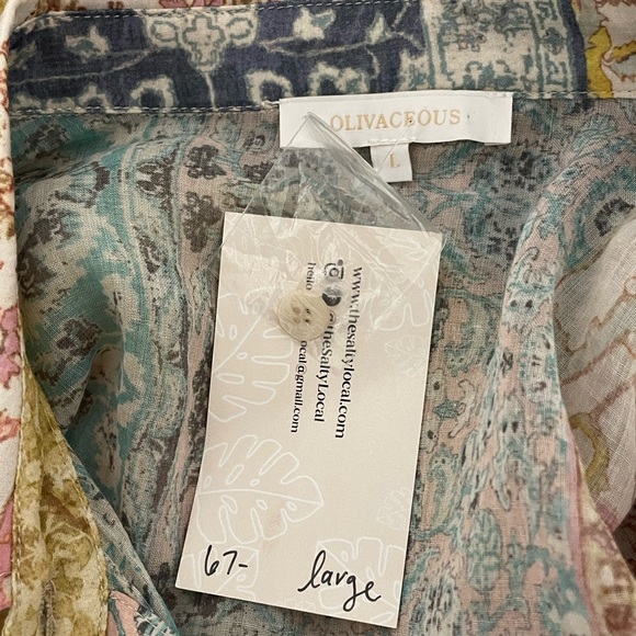 New Olivaceous Boho Semi-sheer Faded Patchwork Button Down Blouse Large - Picture 10 of 10